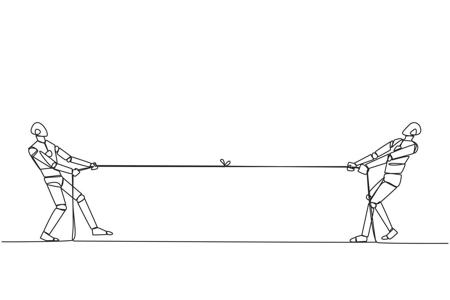 Single one line drawing two robots pulling each other's rope. Train each other's intelligence levels. Games to improve movement sensors. Future technology. Continuous line design graphic illustration vector