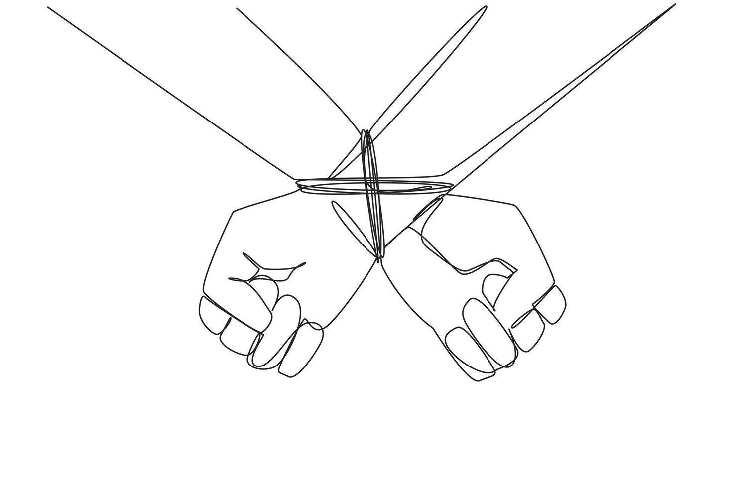 Single continuous line drawing seen from behind, the entrepreneur's hands are tied. Greedy entrepreneur. Committing bribery to control strategic assets. Arrested. One line design illustration vector