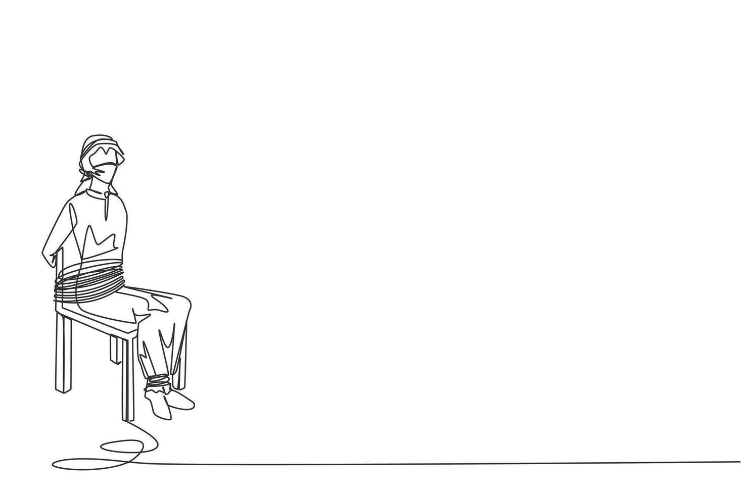 Single continuous line drawing Arabian businessman sitting and helpless. Kidnapping of the most successful entrepreneur. Asking for ransom and some assets. Hostage. One line design illustration vector