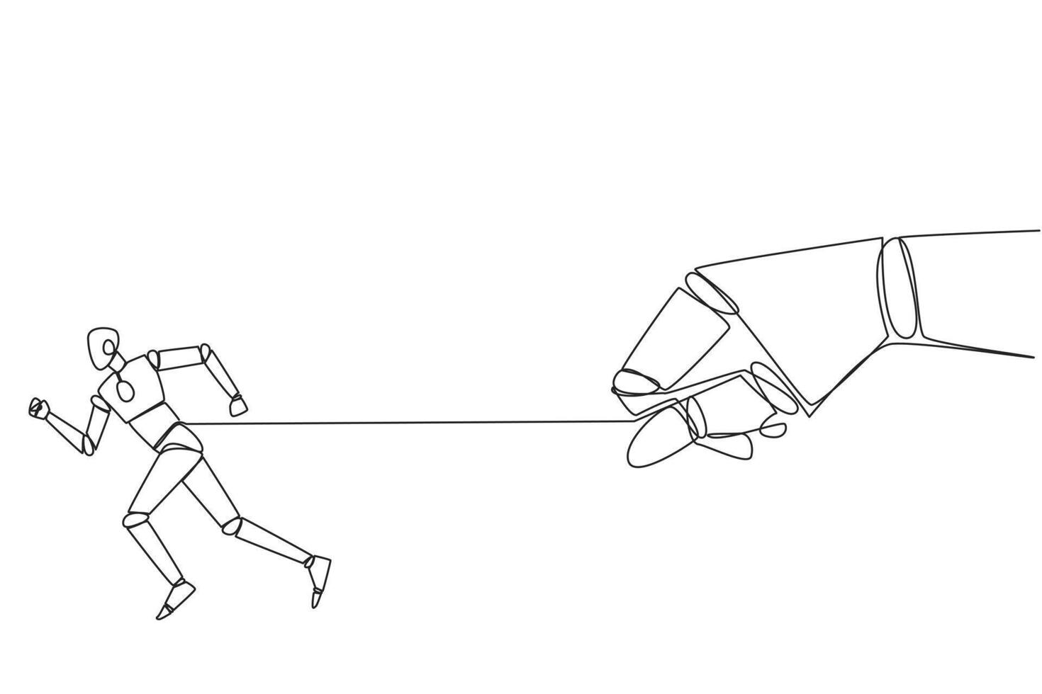 Single continuous line drawing robot runs but its stomach is tied. Artificial intelligence makes the robot unwilling to obey. There is conflict. Wrong code given. One line design illustration vector