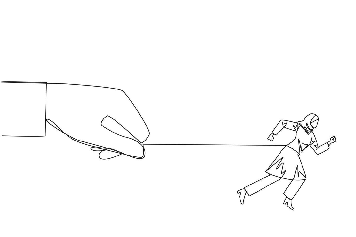 Continuous one line drawing Arab businesswoman run but stomach is tied. Running business but not able to control it. There is ruler who controls everything. Single line draw design illustration vector