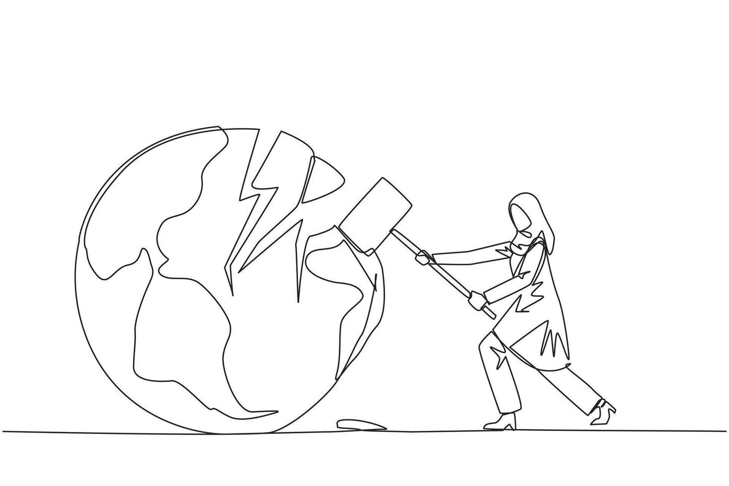 Continuous one line drawing Arabian businesswoman preparing to hit the globe. Disappointed with world. Businesses fall apart before it grow. Deepest anger. Single line draw design illustration vector