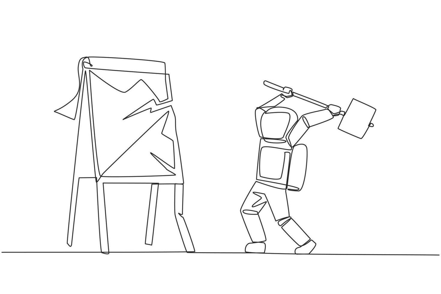 Single one line drawing young astronaut preparing to hit the big flip chart. Rampage. Destroy business reports that are not as desired. Anger exploded. Continuous line design graphic illustration vector