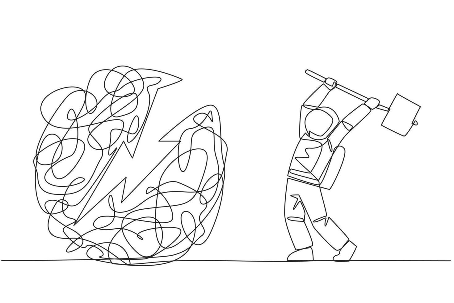 Single one line drawing young astronaut preparing to hit big mess circle. Eliminate stress and anxiety. Focus on developing business. Achieve big profits. Continuous line design graphic illustration vector