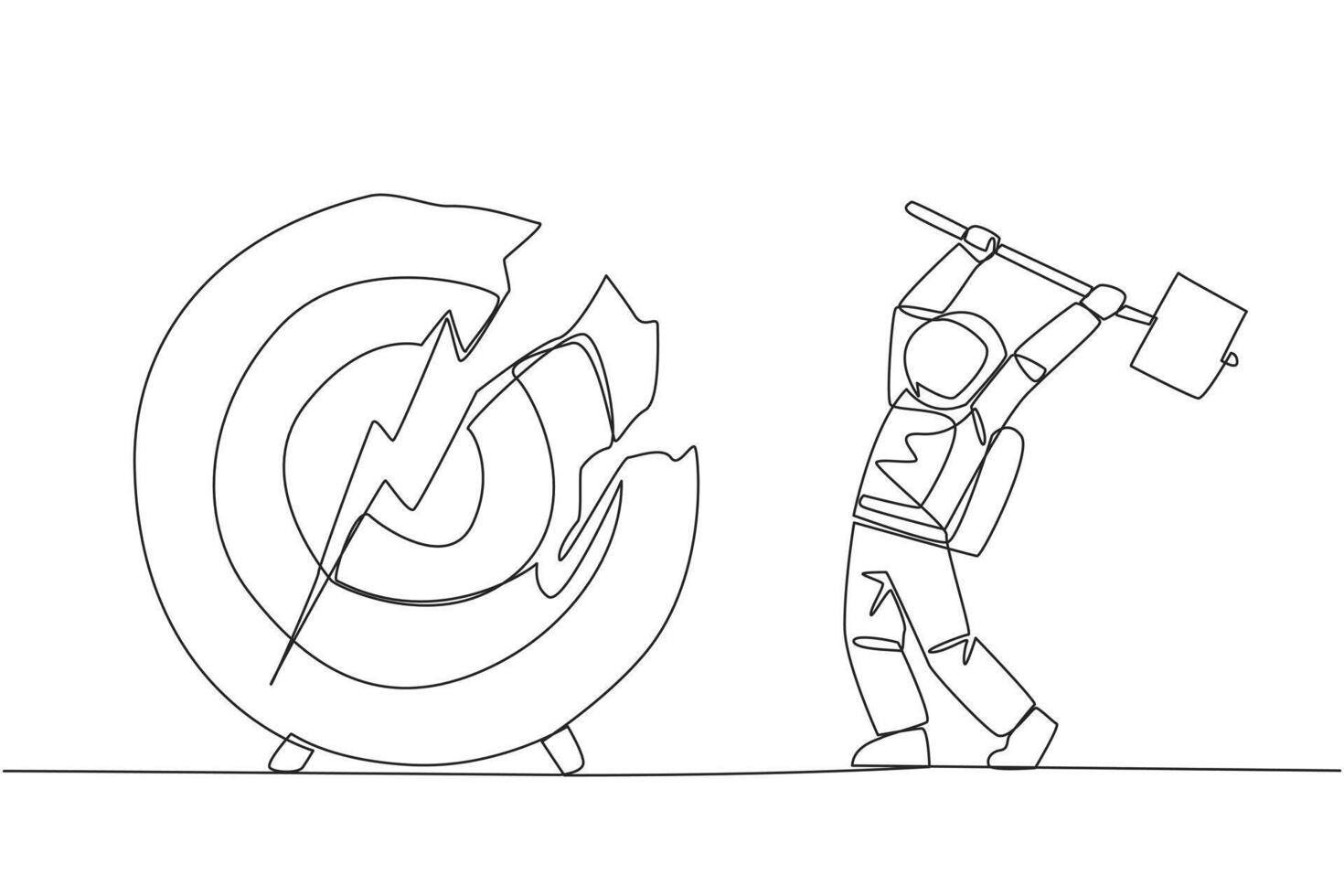 Continuous one line drawing astronaut preparing to hit a big target arrow board. Rampage. Failed to focus, failed to get the promised reward. Madness. Single line draw design illustration vector
