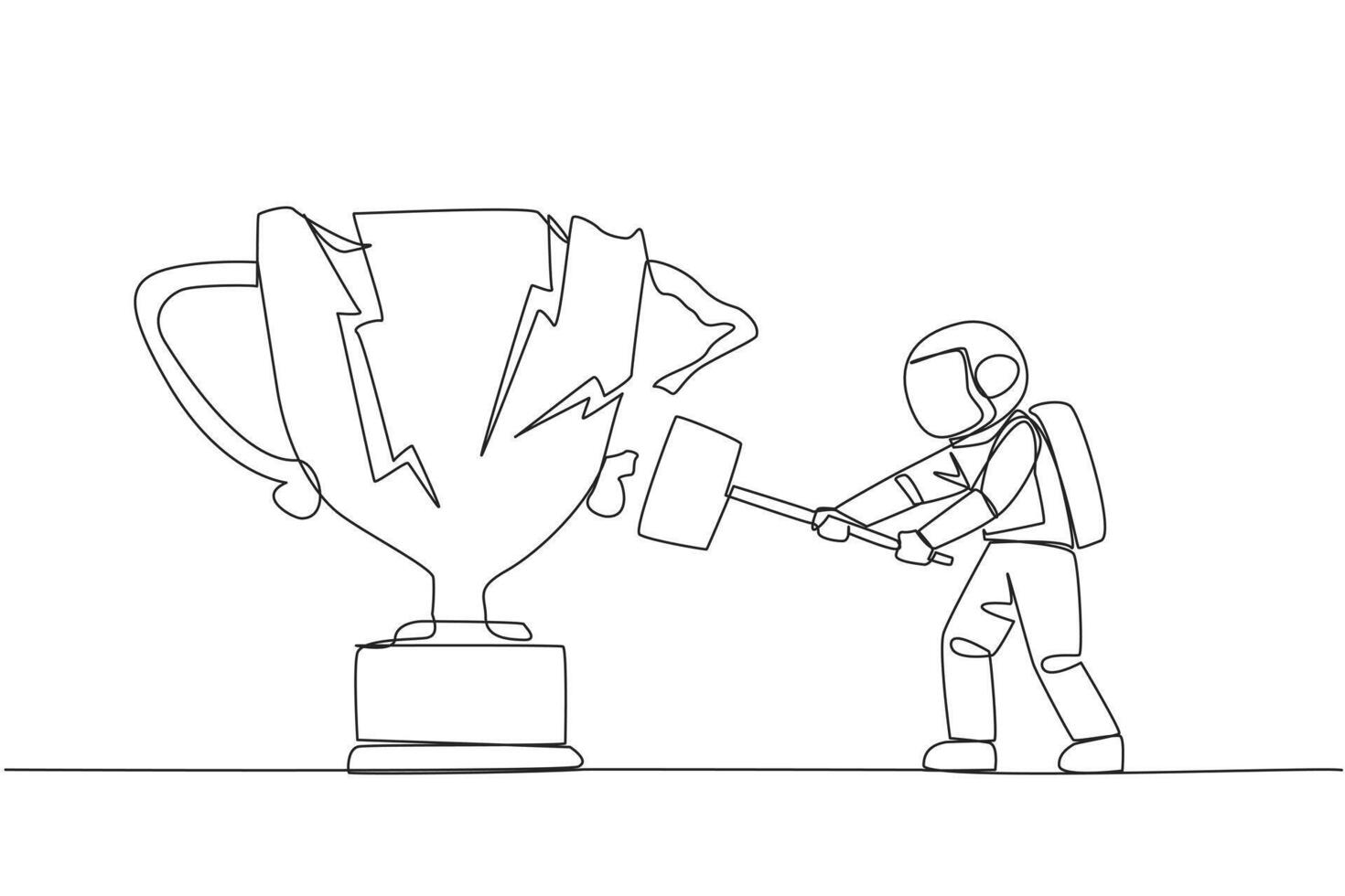 Single continuous line drawing young astronaut preparing to hit the big trophy. Rampage. Expressing mounting anger. Smashing the trophy with a sledgehammer. Failed. One line design illustration vector