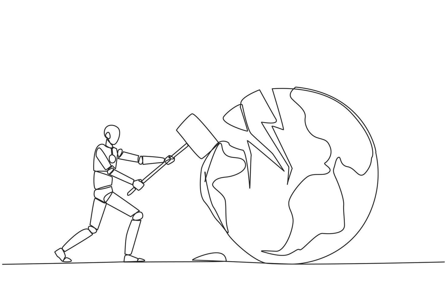 Single continuous line drawing smart robotic preparing to hit the big globe. Disappointed with the world. Businesses fall apart before it grow. Deepest anger. One line design illustration vector