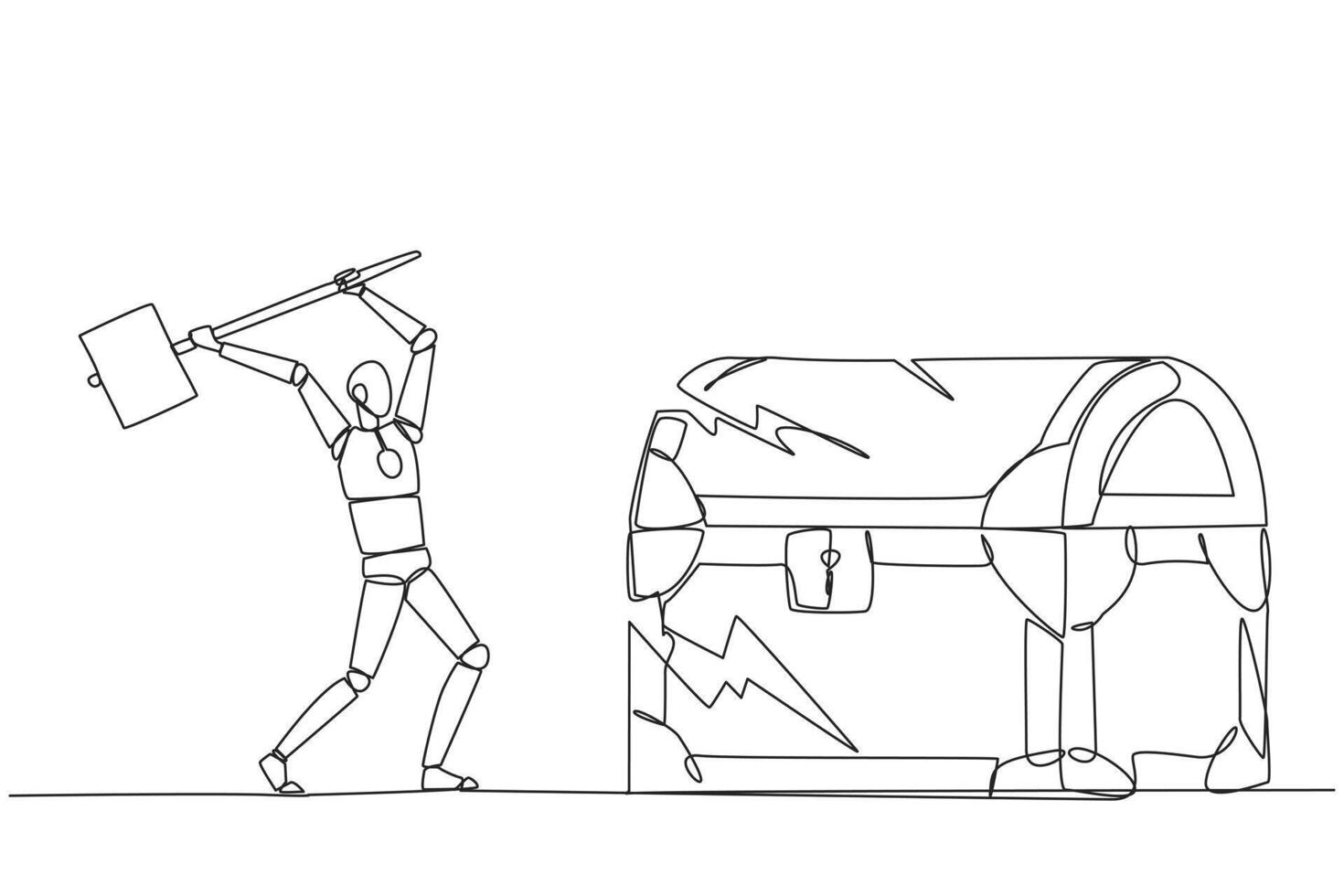 Continuous one line drawing smart robot preparing to hit big treasure chest. Rampage. Running out of capital. Steal. Doing dirty business. Not commendable. Single line draw design illustration vector