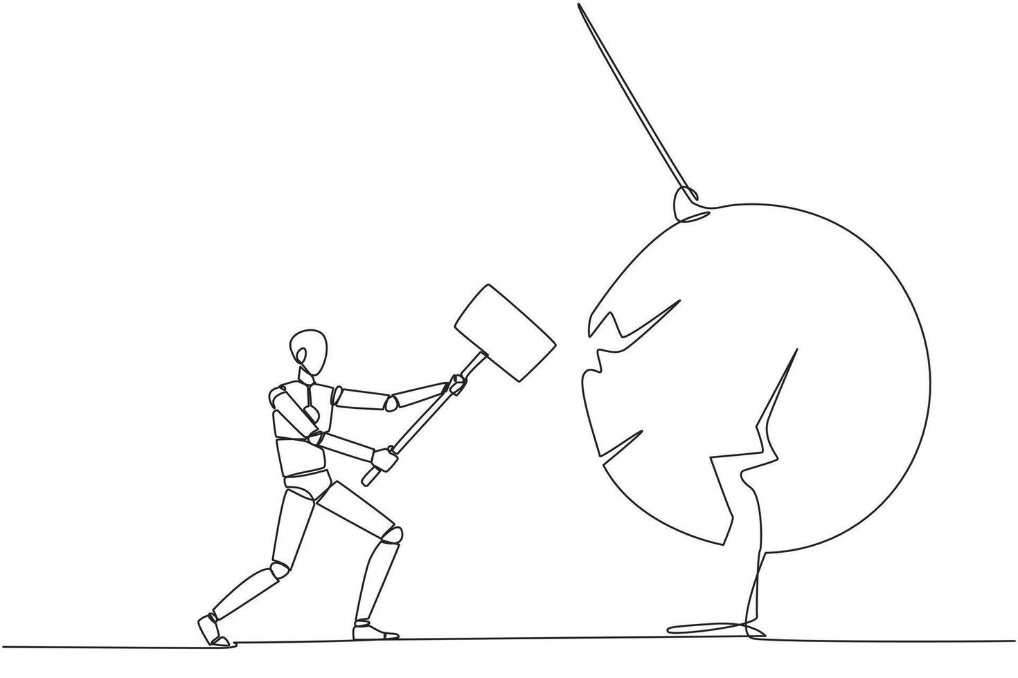 Single one line drawing smart robotic preparing to hit big swinging pendulum. Metaphor eliminate business distraction. Number one to be a business keeper. Continuous line design graphic illustration vector