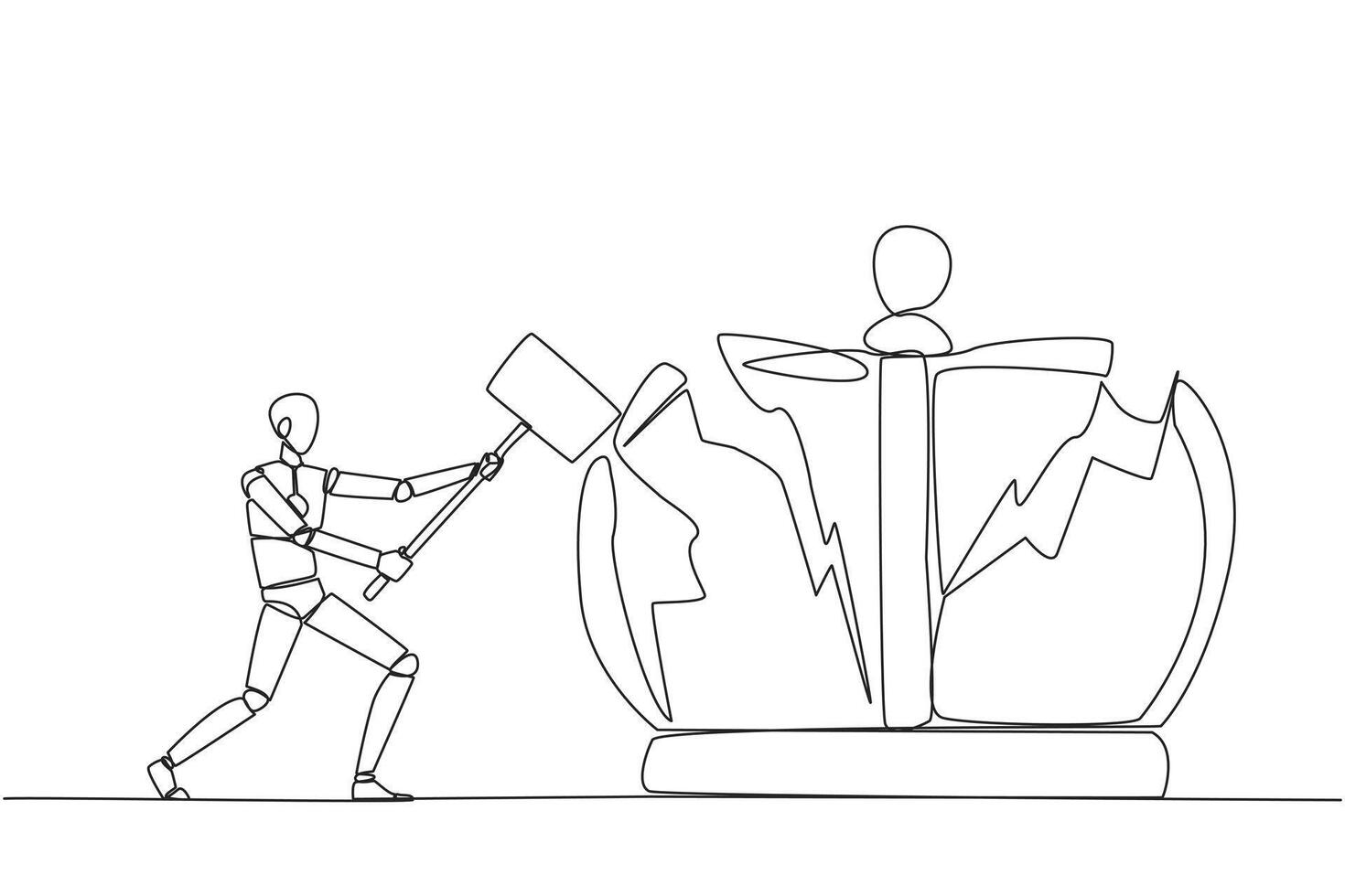 Continuous one line drawing smart robot preparing to hit the big crown. Destroying the symbols of authoritarian kingdom. Expect justice for business people. Single line draw design illustration vector