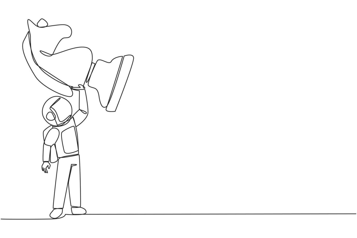 Single one line drawing young clever astronaut holding, lifting horse chess piece. Successful entrepreneurship tactics, strategy, superiority in business. Continuous line design graphic illustration vector