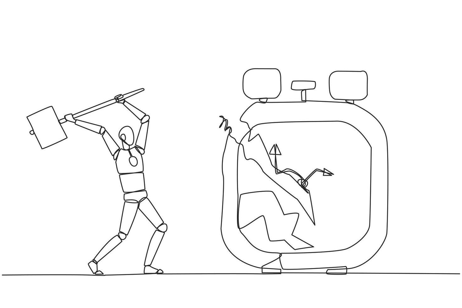 Continuous one line drawing smart robot preparing to hit the big alarm clock. Can't manage time well. Many business opportunities disappear. Angry robotic. Single line draw design illustration vector