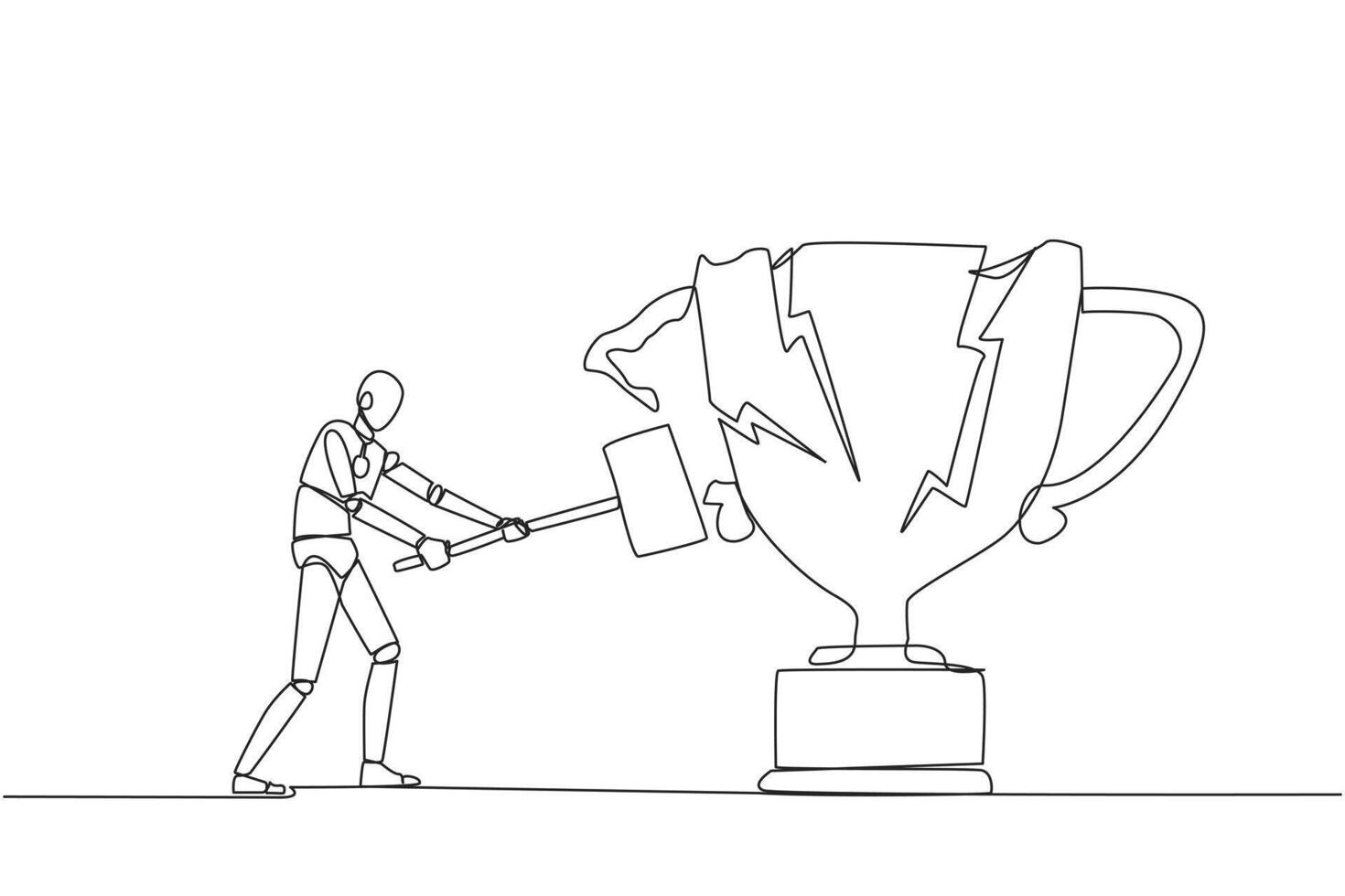Single one line drawing smart robot preparing to hit the big trophy. Rampage. Expressing mounting anger. Smashing the trophy with a sledgehammer. Failed. Continuous line design graphic illustration vector