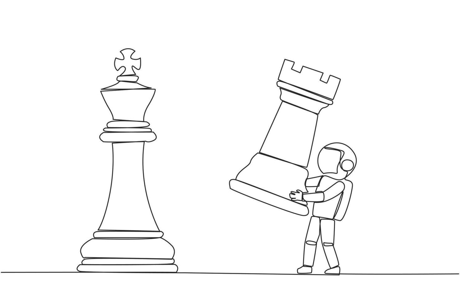 Single continuous line drawing young astronaut holds rook chess to beat king chess. Strategic planning, business development strategy, tactics in entrepreneurship. One line design illustration vector