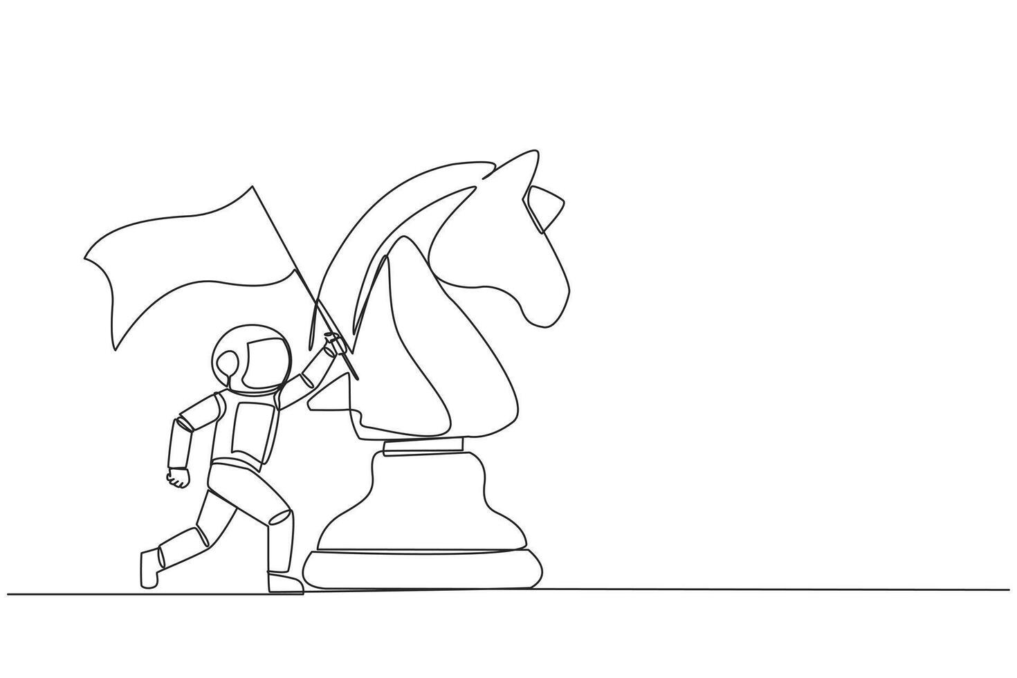 Continuous one line drawing young energetic astronaut running and holding flag beside big horse knight chess. Business achievement goal, metaphor concept. Single line draw design illustration vector