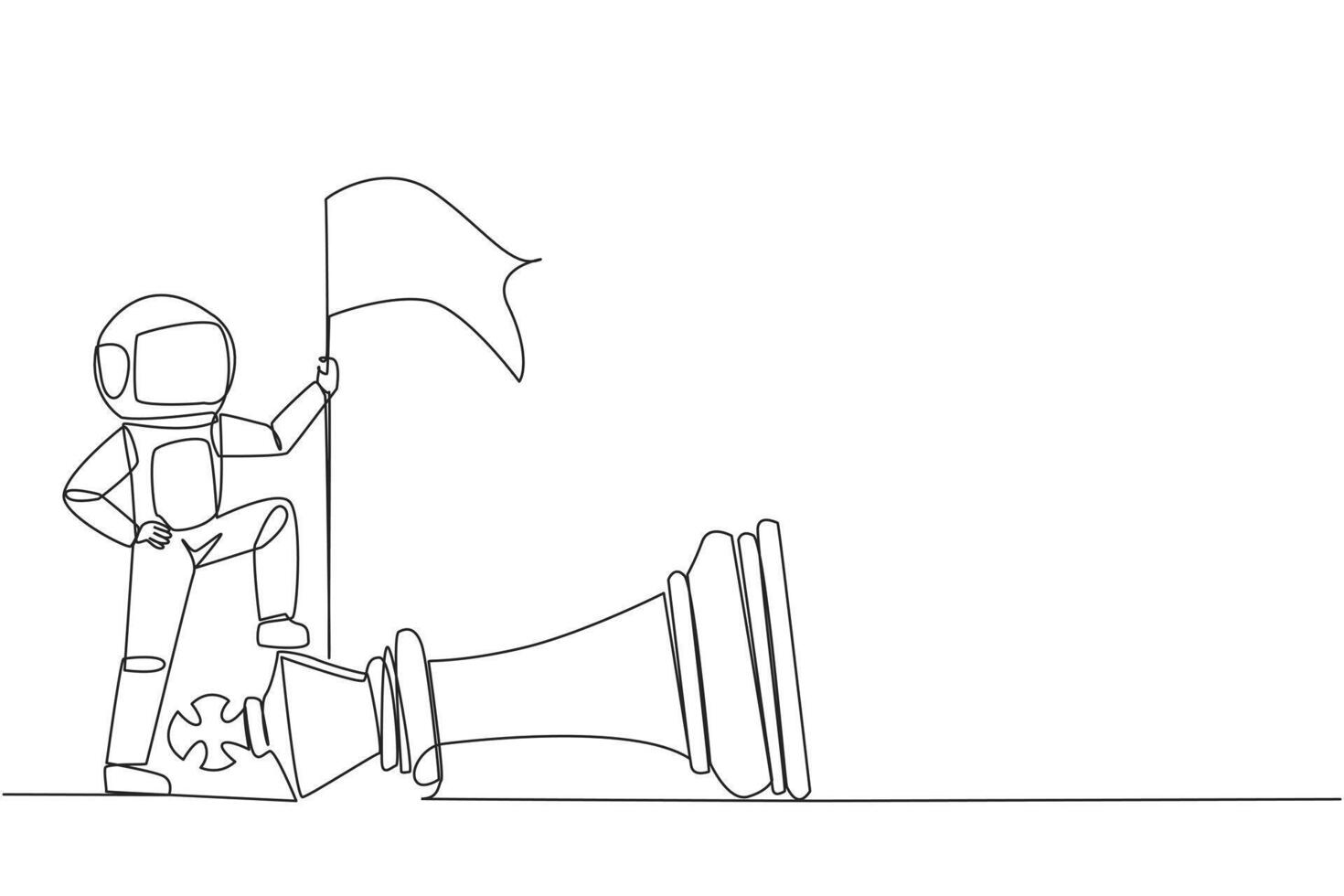 Single continuous line drawing young astronaut holds flag, defeat competitor in business as winning chess game. Strategy success using powerful move for advantage. One line design illustration vector