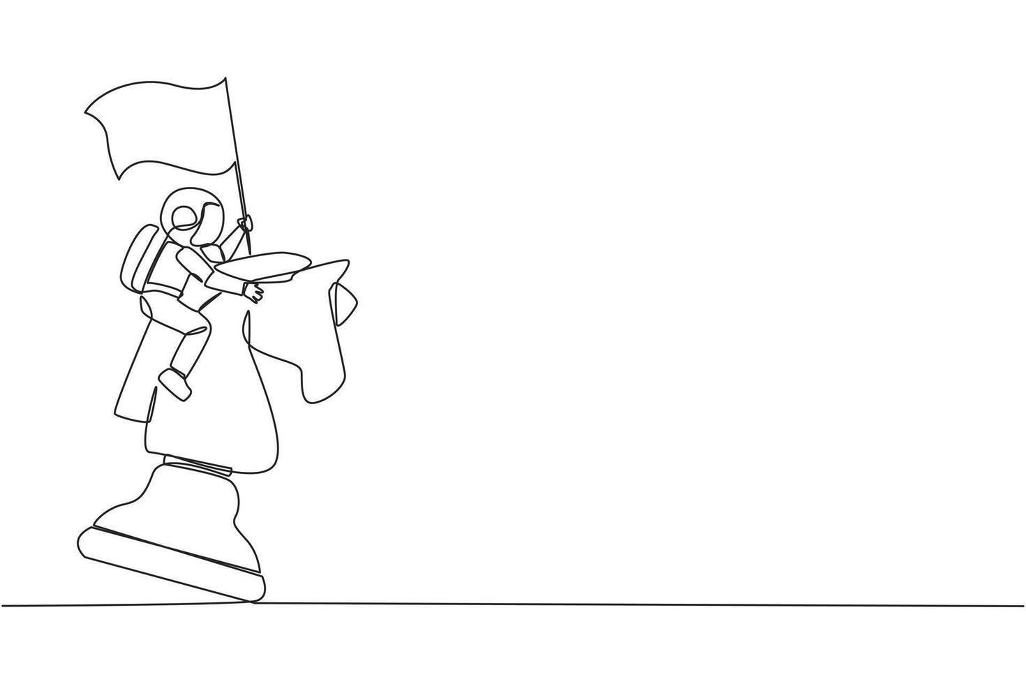 Single one line drawing young energetic astronaut riding big chess horse knight and holding flag, strategy, competitive, strategic move in business concept. Continuous line design graphic illustration vector