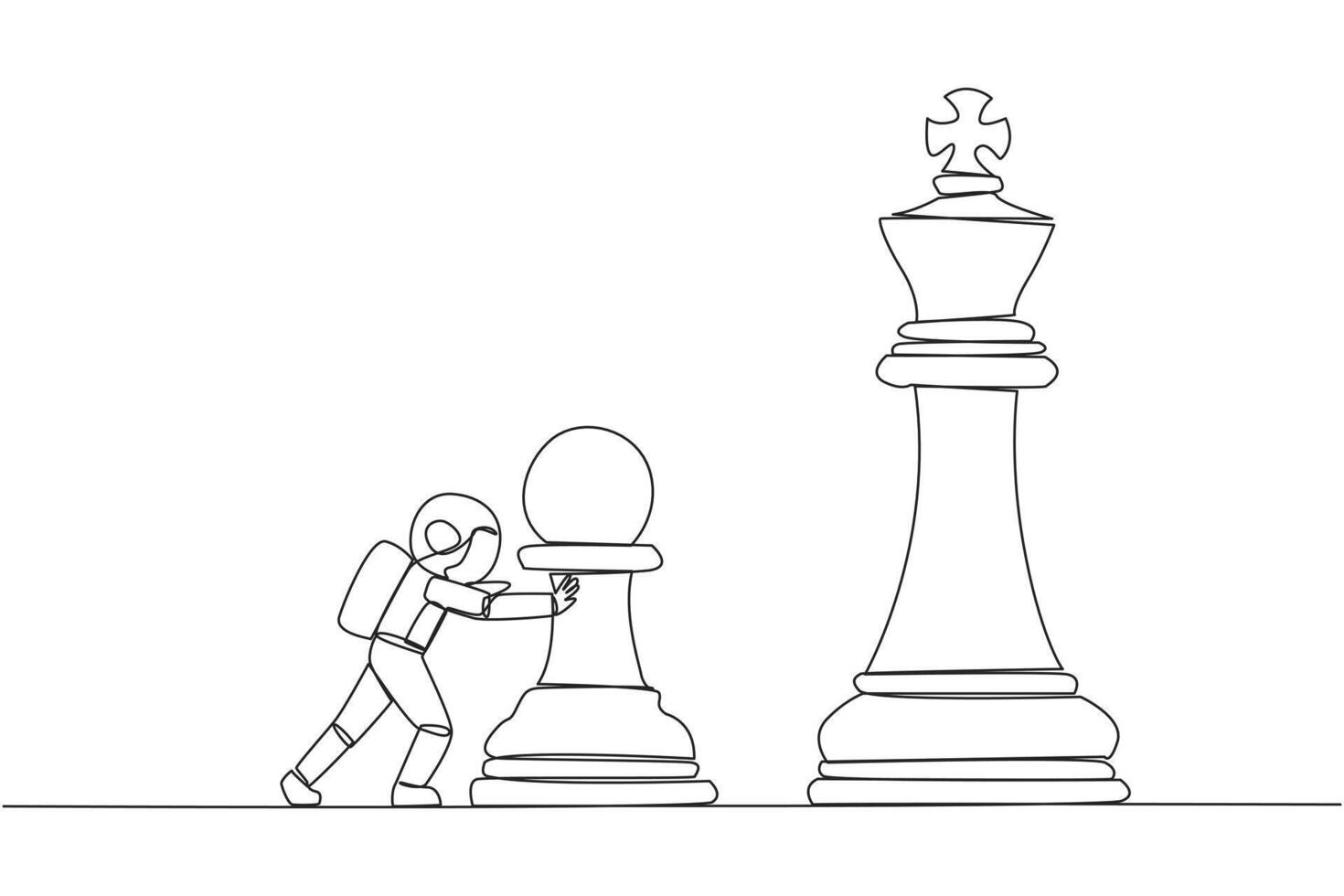 Single continuous line drawing young energetic astronaut push huge pawn chess piece. Business strategy and marketing plan. Strategic move in business concept. One line design illustration vector