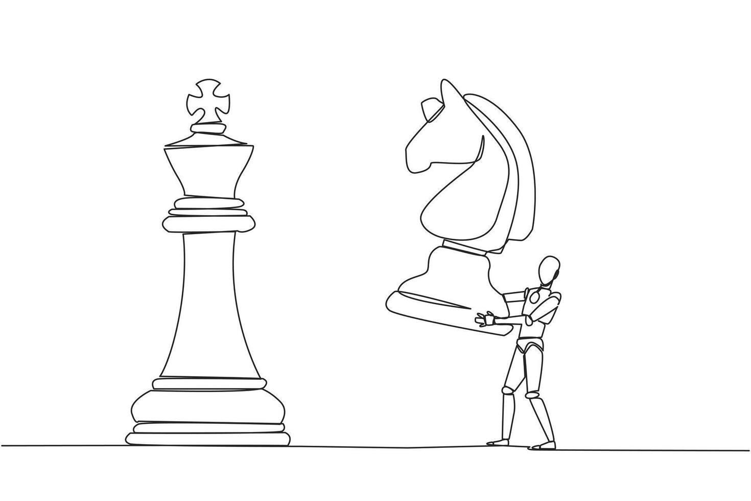 Continuous one line drawing smart robotic holds horse chess to beat king chess. Strategic planning, business development strategy, tactic entrepreneurship. Single line draw design illustration vector