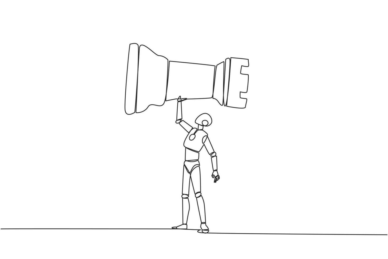 Single continuous line drawing robot smart technology holding, lifting rook chess piece. Successful entrepreneurship tactics or strategy, superiority in business. One line design illustration vector