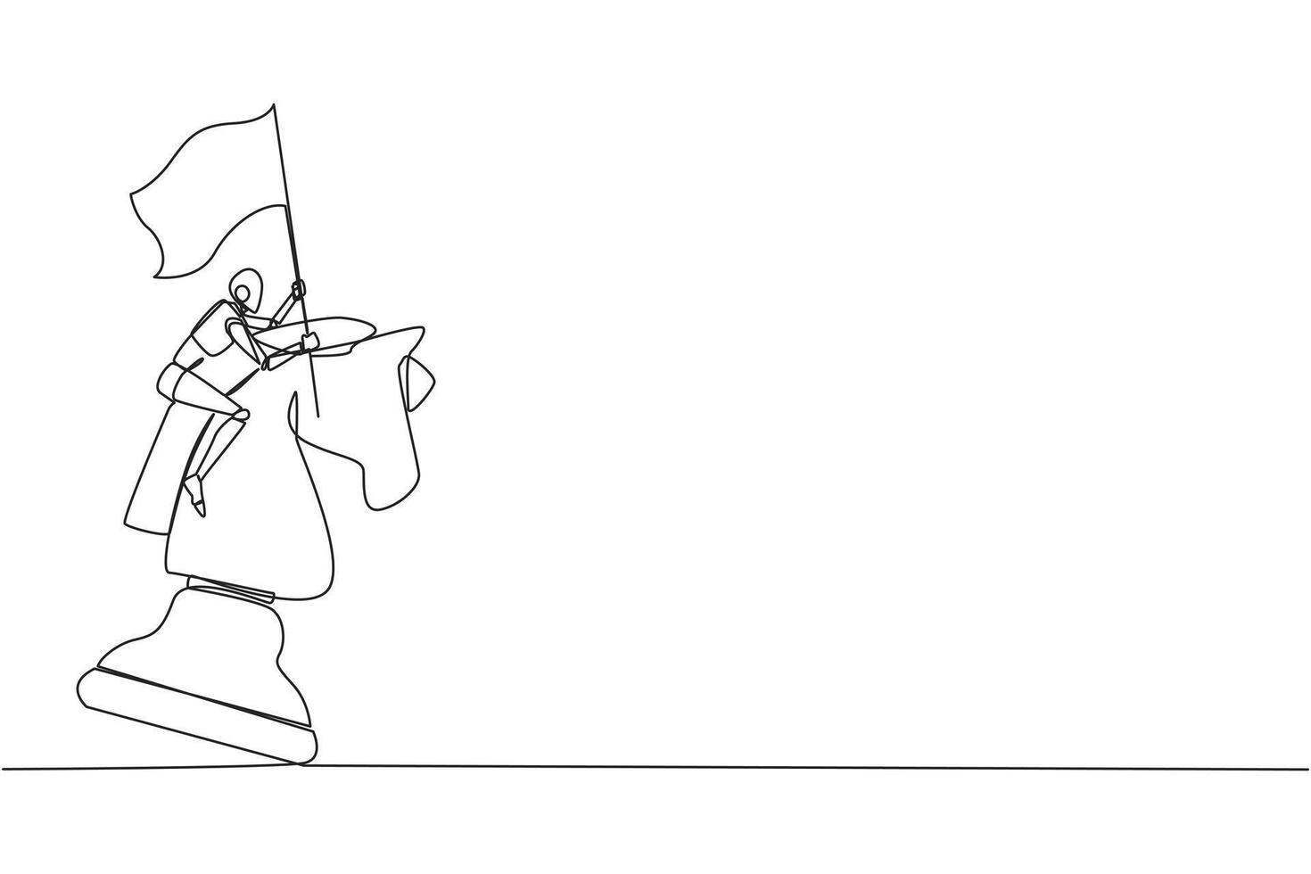 Continuous one line drawing robot future tech riding big chess horse knight and holding flag, strategy, competitive, strategic move in business concept. Single line draw design illustration vector