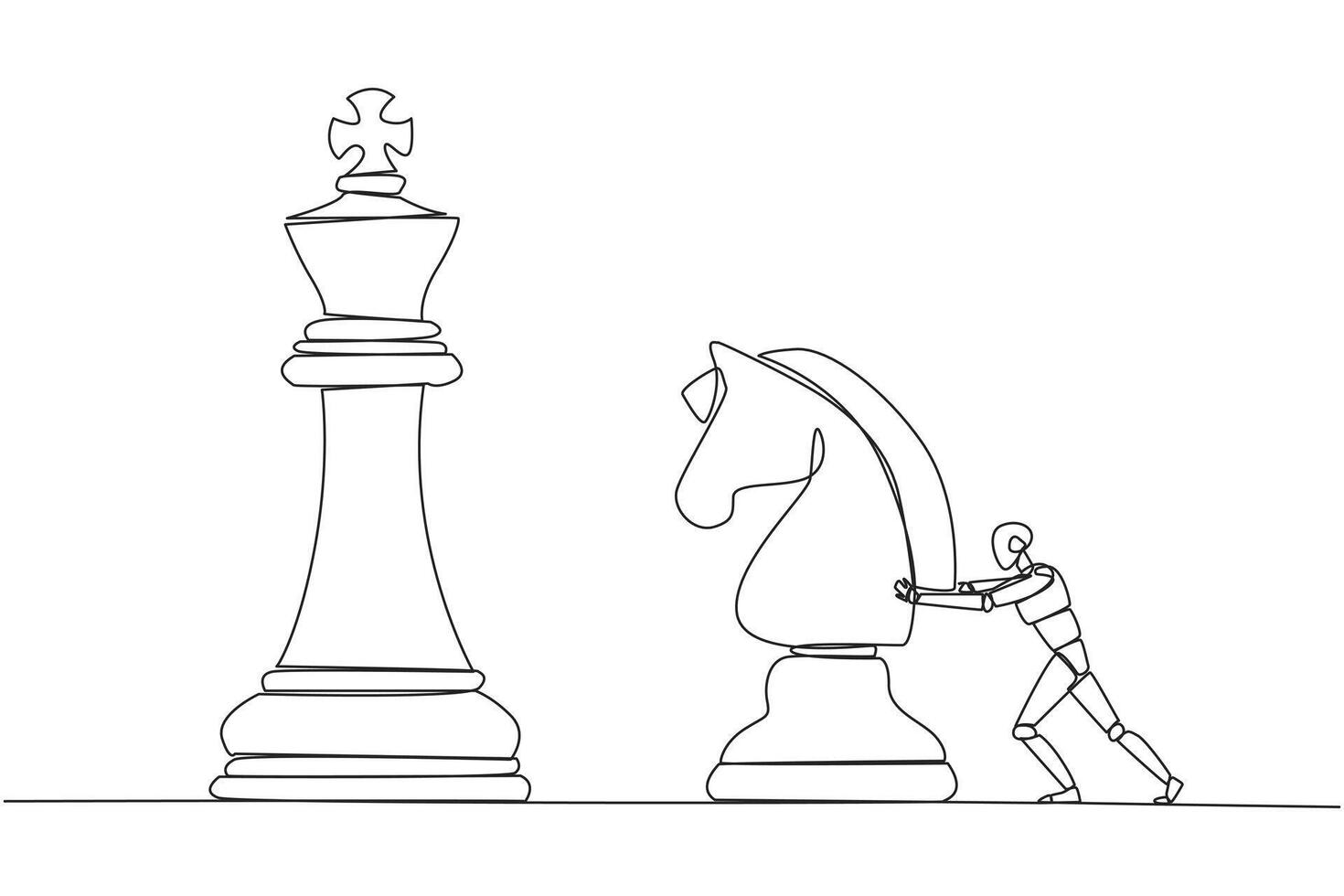 Continuous one line drawing smart robot future tech push huge horse chess piece. Business strategy, marketing plan. Strategic move in business concept. Single line draw design illustration vector