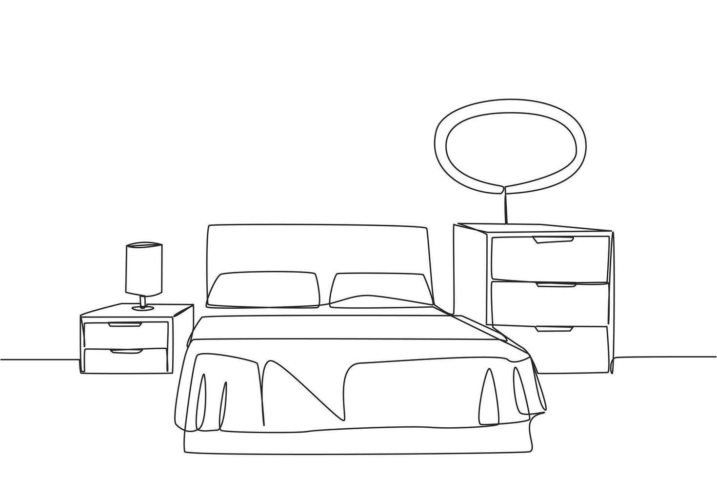 Single continuous line drawing stylish room with full furniture modern. Modern minimalist design. Equipped with a small lamp for lighting needs. Fully furnished. One line design illustration vector