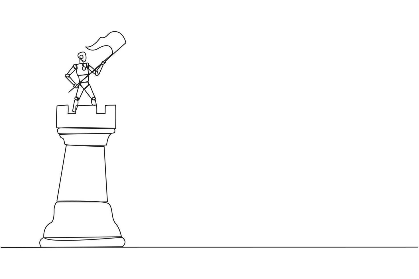 Single one line drawing robot future technology standing on top of big rook chess and waving a flag. Leader success concept. Successful business strategy. Continuous line design graphic illustration vector
