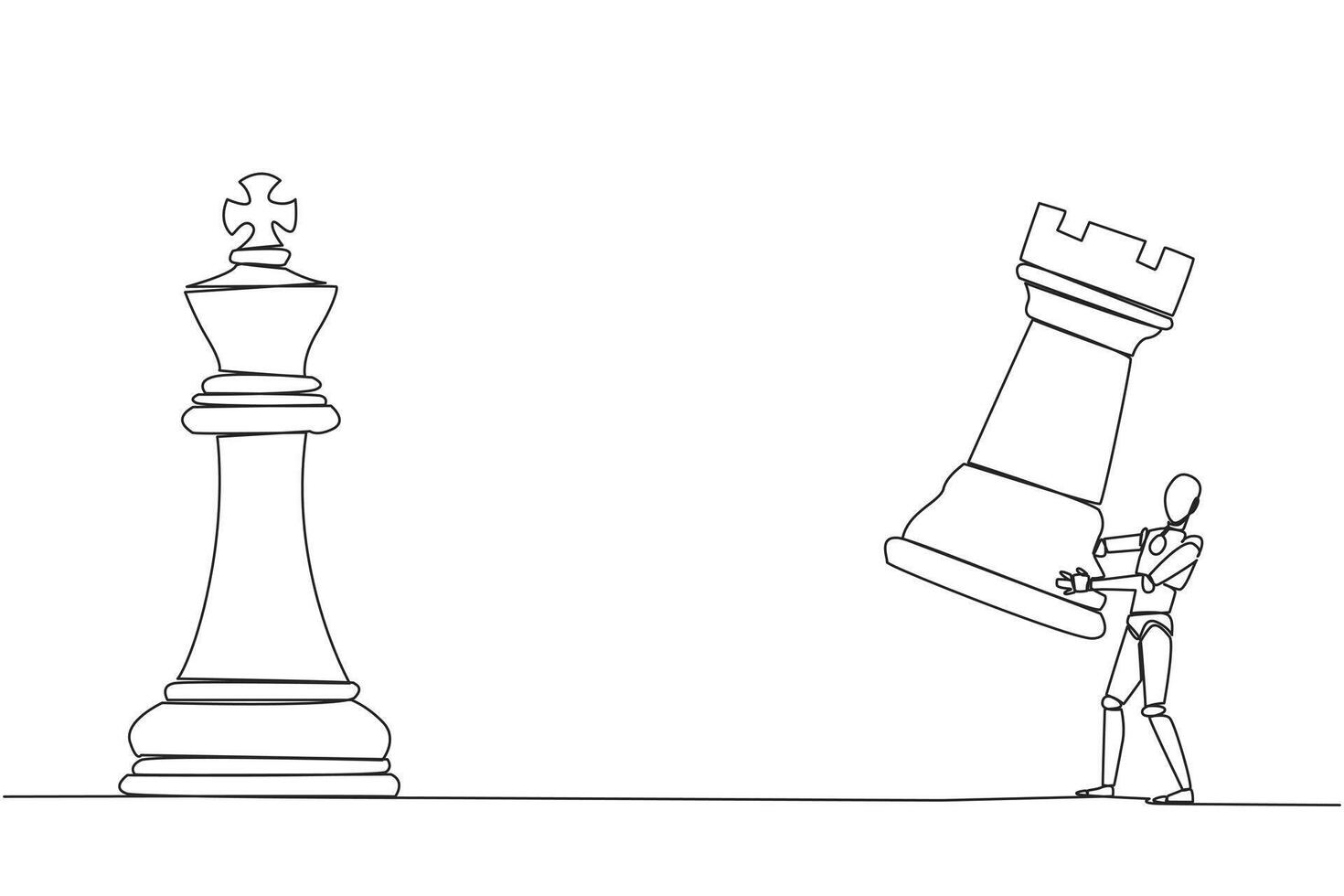 Continuous one line drawing smart robot holds rook chess to beat king chess. Strategic planning, business development strategy, tactics in entrepreneurship. Single line draw design illustration vector