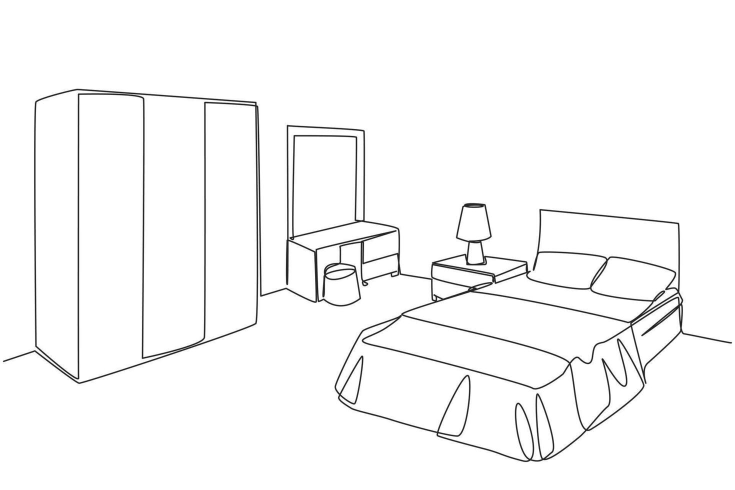 Continuous one line drawing stylish room with full furniture modern. Modern minimalist design. An example of a room for a girl. Bed with soft blanket. Single line draw design illustration vector