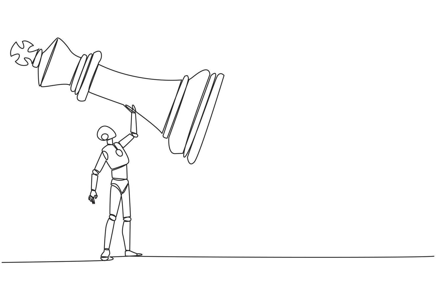 Continuous one line drawing robot future tech holding, lifting king chess piece. Successful entrepreneurship tactics or strategy, superiority in business. Single line draw design illustration vector