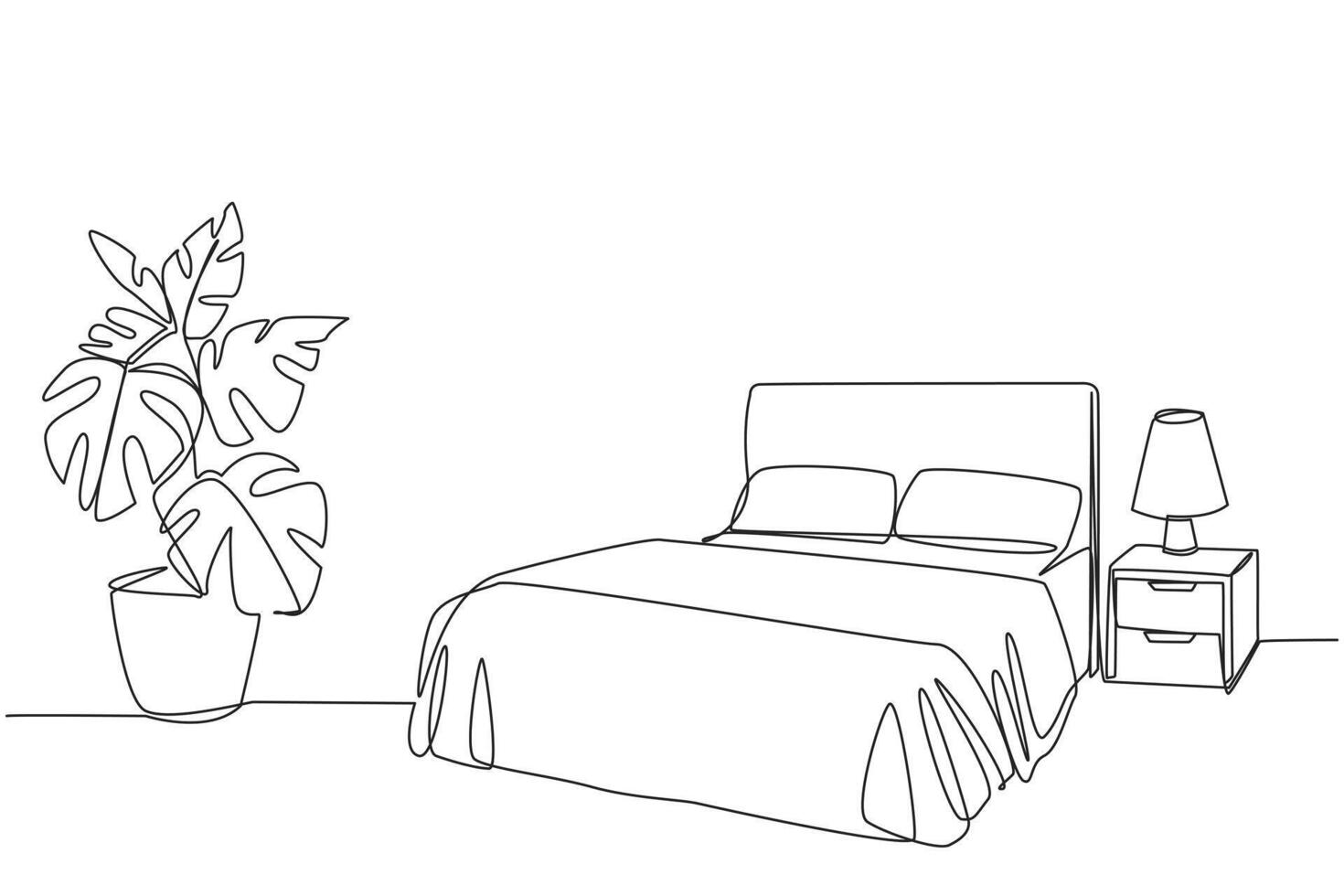 Single one line drawing stylish bed room with full furniture modern. Modern minimalist design. Comfortable bedroom with a comfortable mattress. Cozy room. Continuous line design graphic illustration vector
