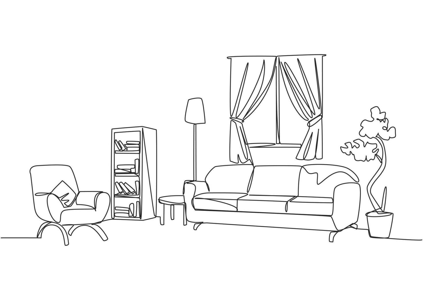 Single one line drawing stylish room with full furniture modern. Furniture showroom with Scandinavian interior design. Open windows with natural lighting. Continuous line design graphic illustration vector