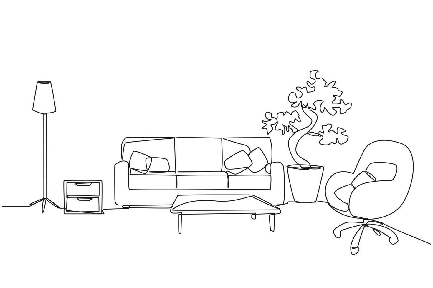 Single continuous line drawing stylish living room with furniture modern. Equipped with floor lamp for lighting needs and armchairs. Scandinavian interior design. One line design illustration vector