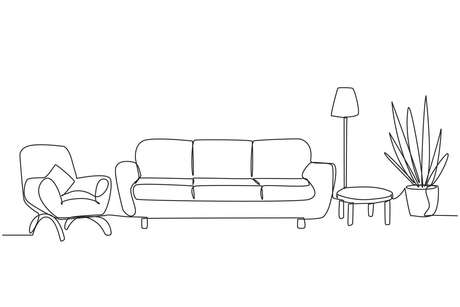Single continuous line drawing stylish living room with full furniture modern. Modern minimalist design. Equipped with floor lamps for lighting needs and armchairs. One line design illustration vector