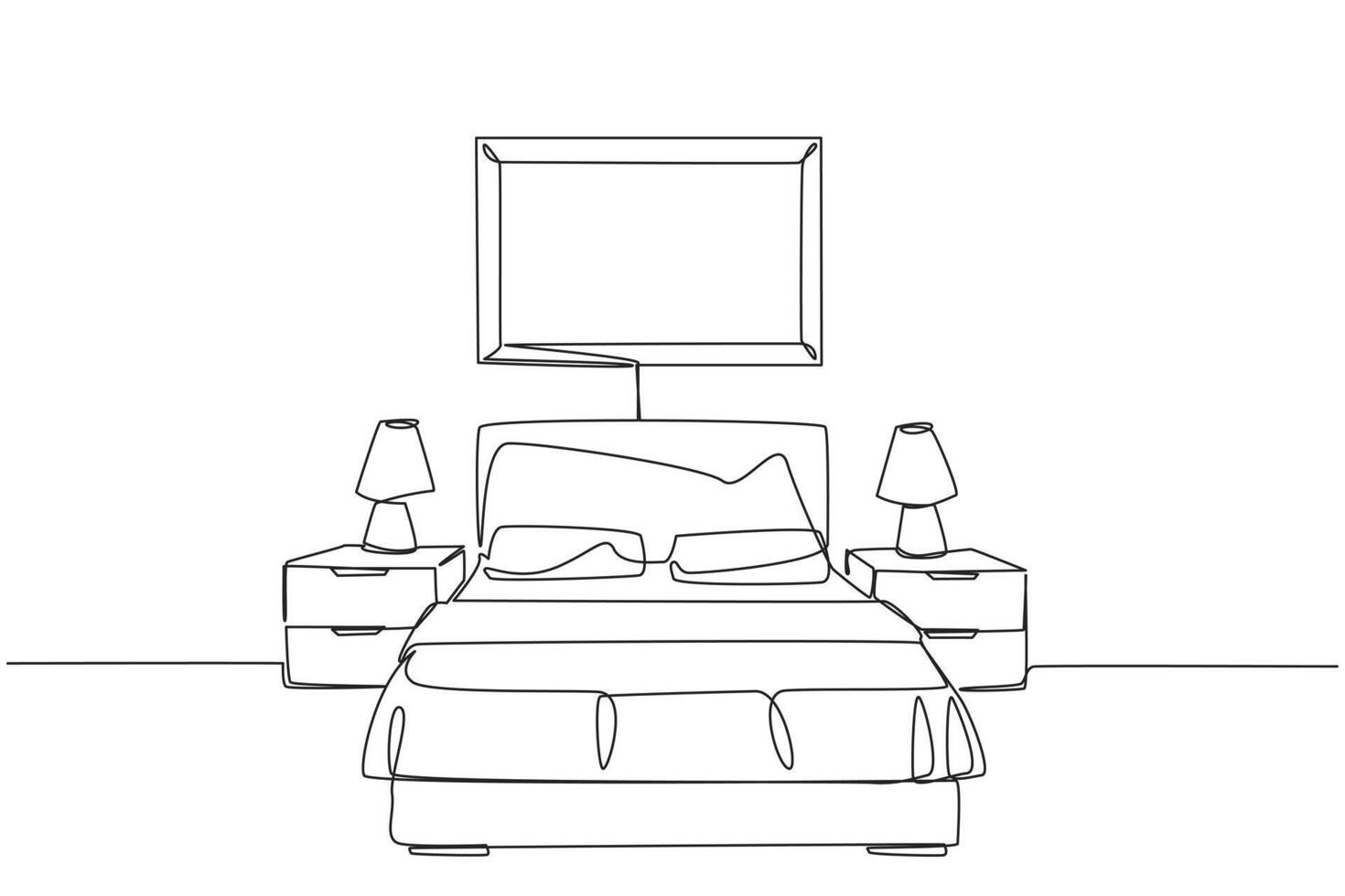 Single continuous line drawing stylish room with full furniture modern. Luxurious interior. Fully furnished. Bedroom. Hotel rooms. Very cozy rooms. Staycation. One line design illustration vector