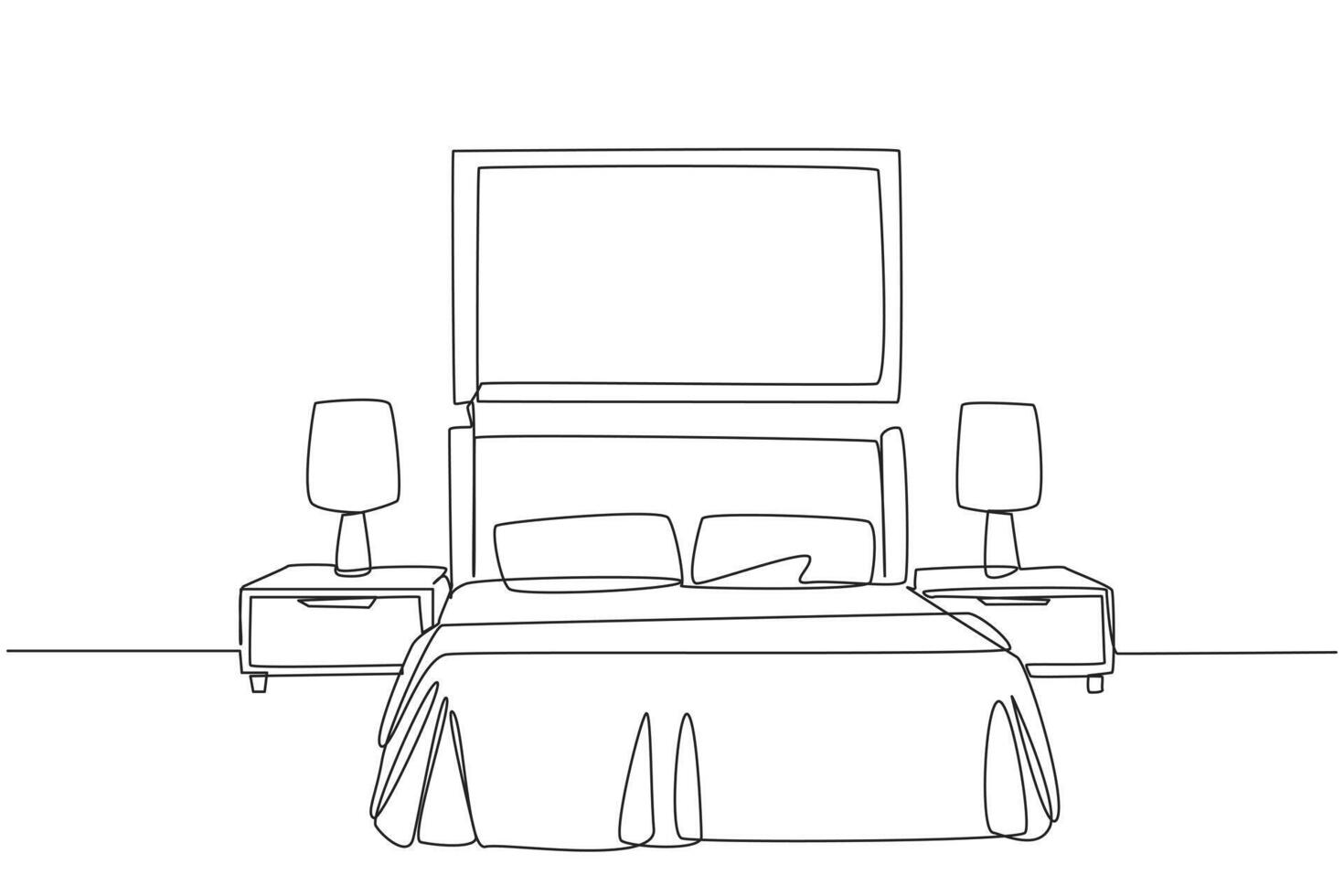 Continuous one line drawing stylish room with full furniture modern. A room layout resembling a hotel with a spring bed flanked by two drawers. Staycation. Single line draw design illustration vector