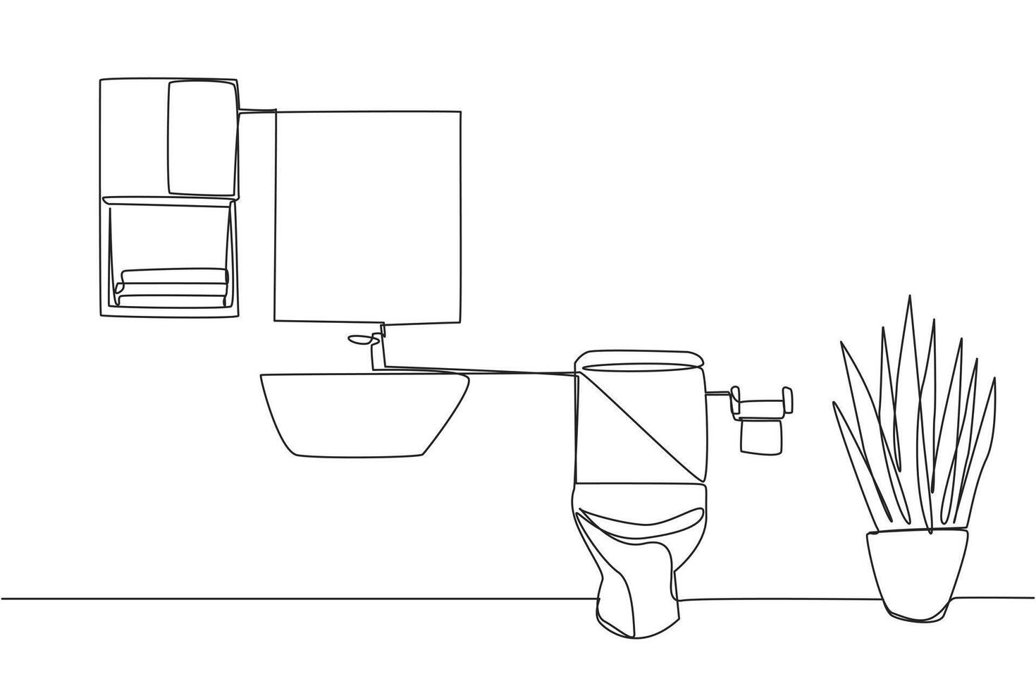 Single continuous line drawing stylish bathroom with full furniture modern. Well maintained dry type bathroom. Hygienic bathroom. Simple design interior. Clean. One line design illustration vector