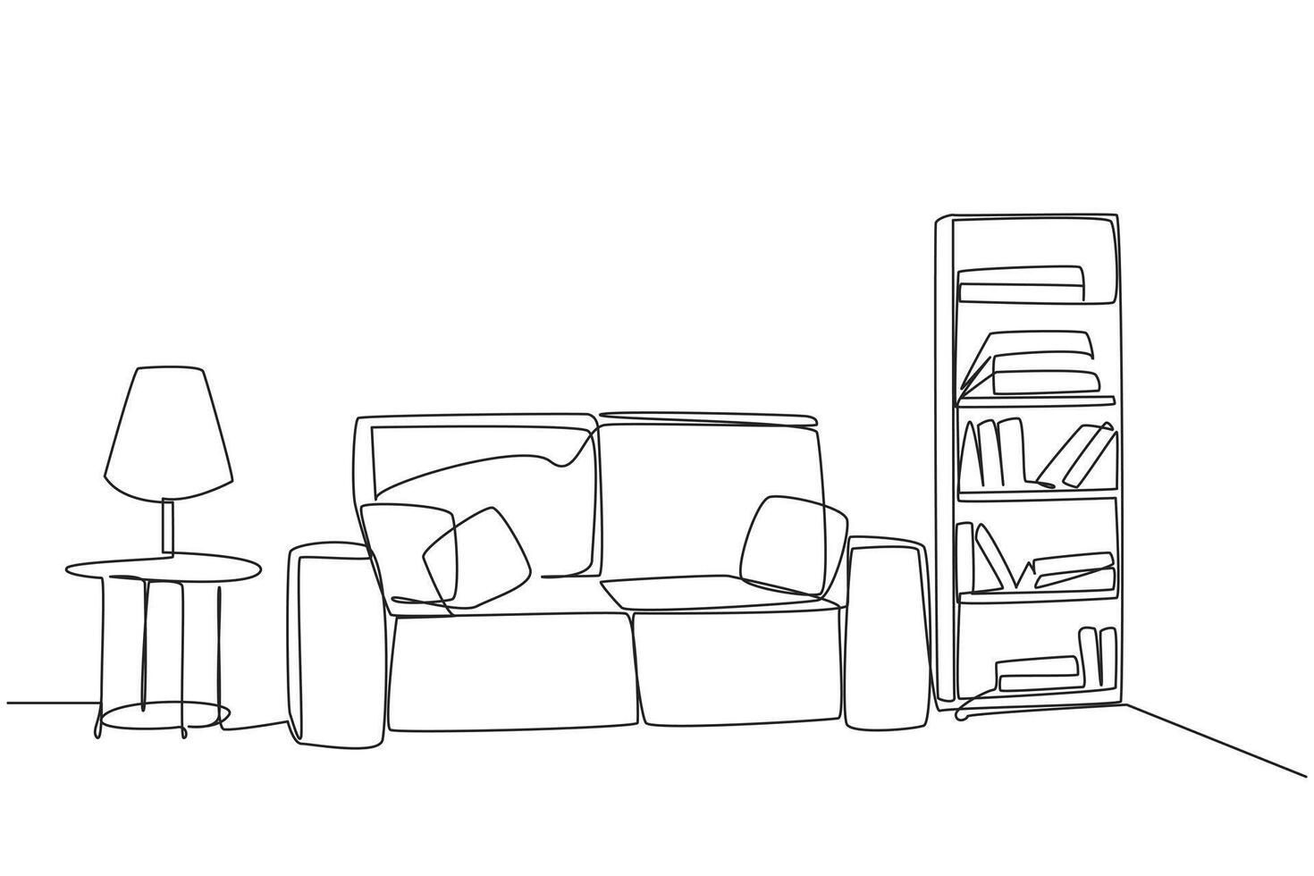 Single one line drawing stylish room with full furniture modern. Living room modern. Comfortable sofa. Bookcase for carrying out hobbies. Very cozy room. Continuous line design graphic illustration vector