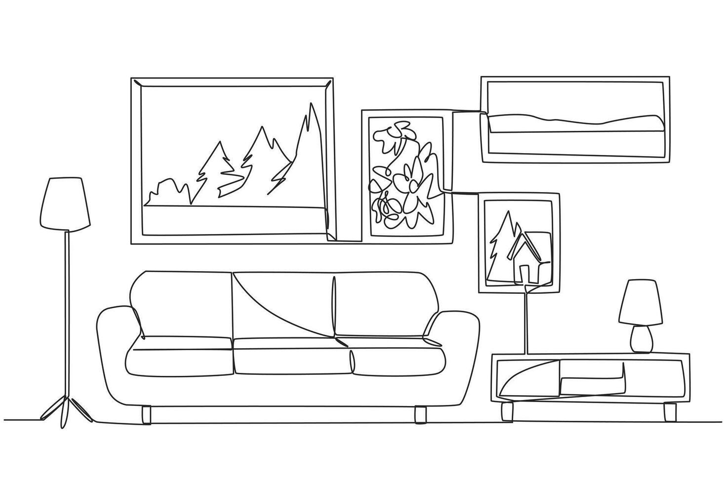 Continuous one line drawing stylish family room with three soft seat sofa. Scandinavian interior design with wood as the main material for furniture. Cozy. Single line draw design illustration vector