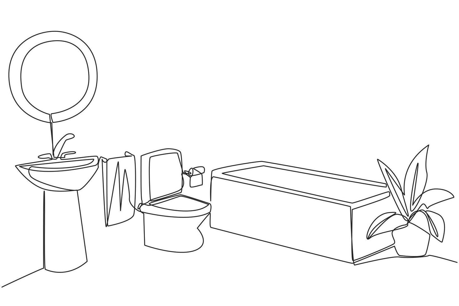 Single continuous line drawing stylish bathroom with full furniture modern. Combined dry and wet toilets. Extra care to keep it hygienic. Simple style bathroom. One line design illustration vector