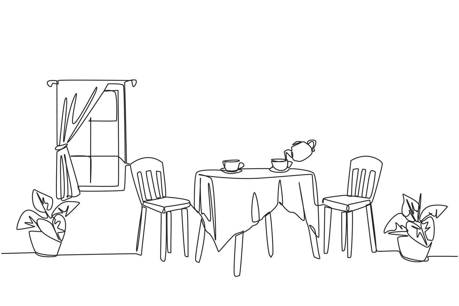 Single continuous line drawing stylish room with full furniture modern. Relaxing space for drinking tea or coffee. Scandinavian design interior. Simple minimalist. One line design illustration vector