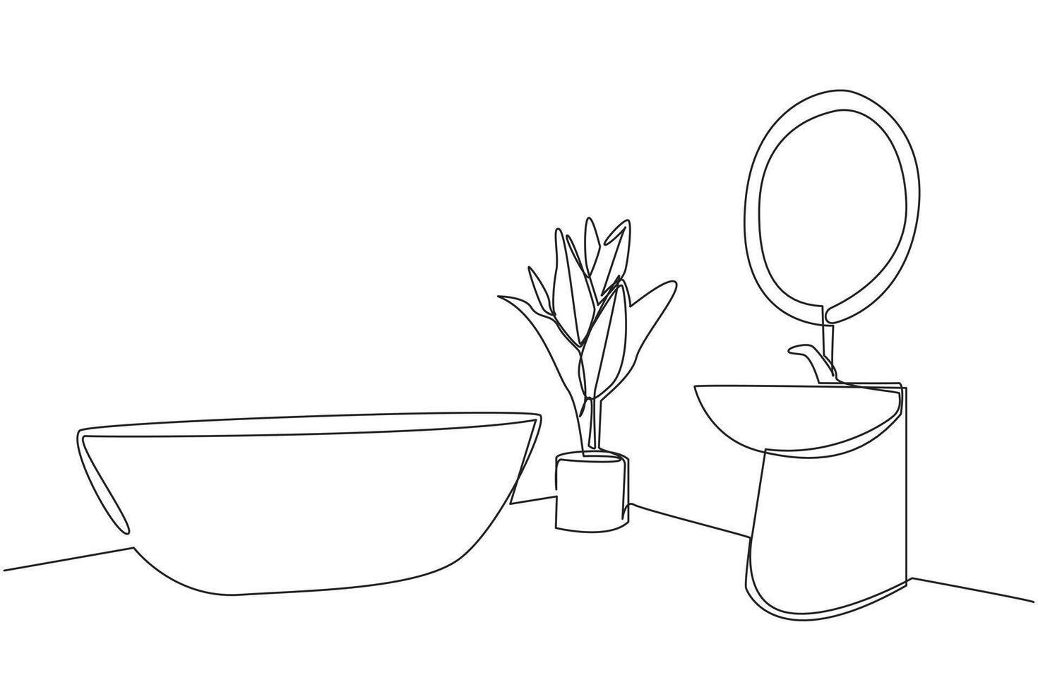 Continuous one line drawing stylish bathroom with furniture modern. There is a mini bathtub and sink that are parallel. Simple bathroom furniture layout. Single line draw design illustration vector