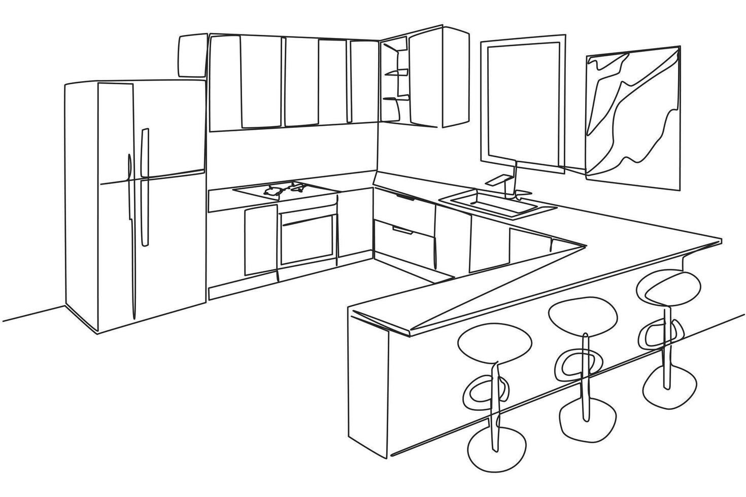 Single one line drawing stylish kitchen with full furniture modern. A place to eat in mini bar style. Fully furnished. Modern kitchen that is very clean. Continuous line design graphic illustration vector
