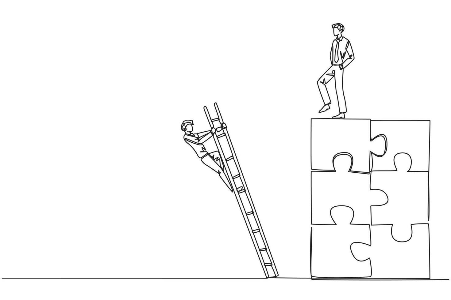 Continuous one line drawing businessman kicks opponent who climbing the puzzle with stairs. Betrayed by colleague when successfully resolving a problem. Single line draw design illustration vector