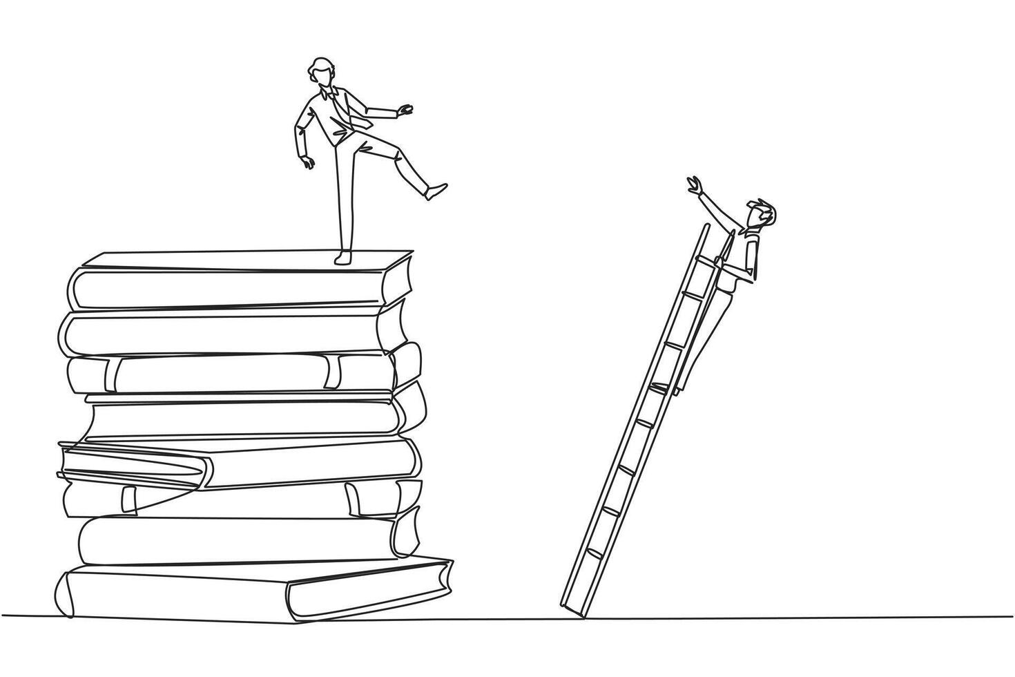 Single one line drawing businessman kicks opponent who is climbing a pile of books with a ladder. Failed to gain access to profitable business principles. Continuous line design graphic illustration vector