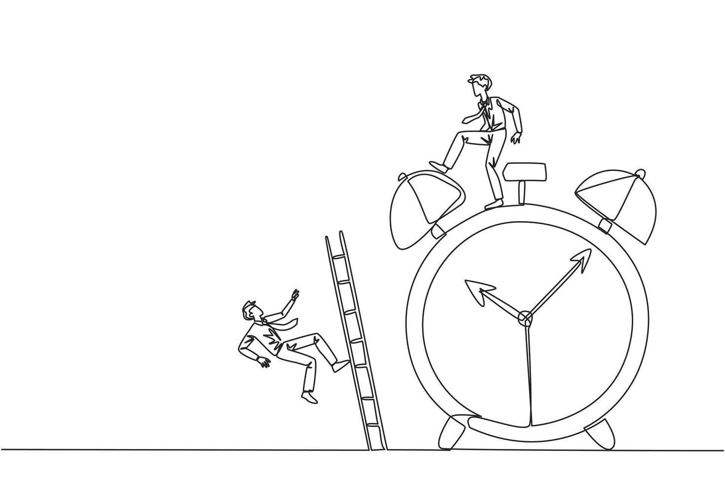 Continuous one line drawing businessman kicks opponent who climbs alarm clock with ladder. Arrogance. No need for colleagues to complete many deadlines. Single line draw design illustration vector