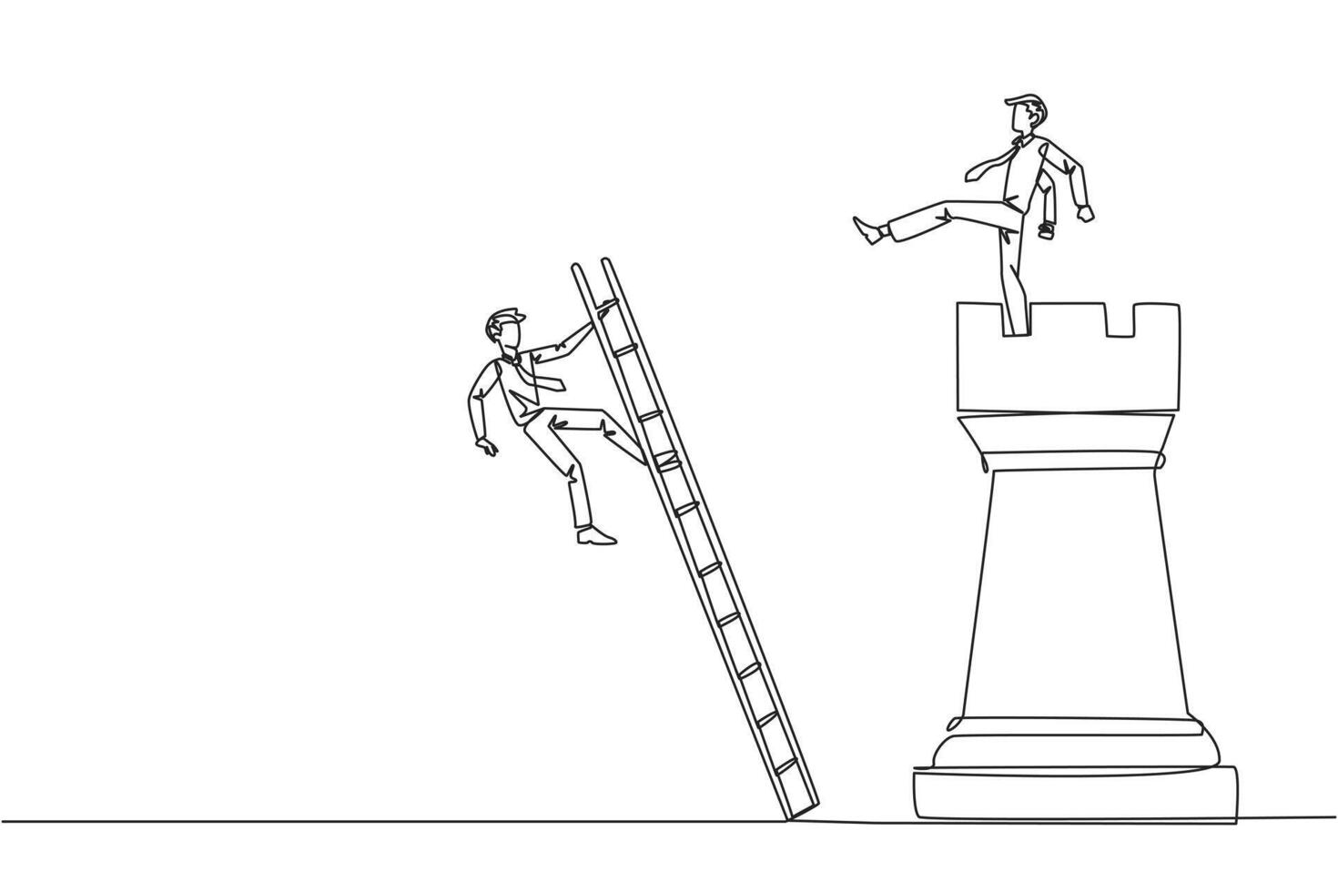Single one line drawing businessman kicks opponent who climbing the chess rook with ladder. Wrong move. Wrong strategy. Plan leaked by colleague. Traitor. Continuous line design graphic illustration vector