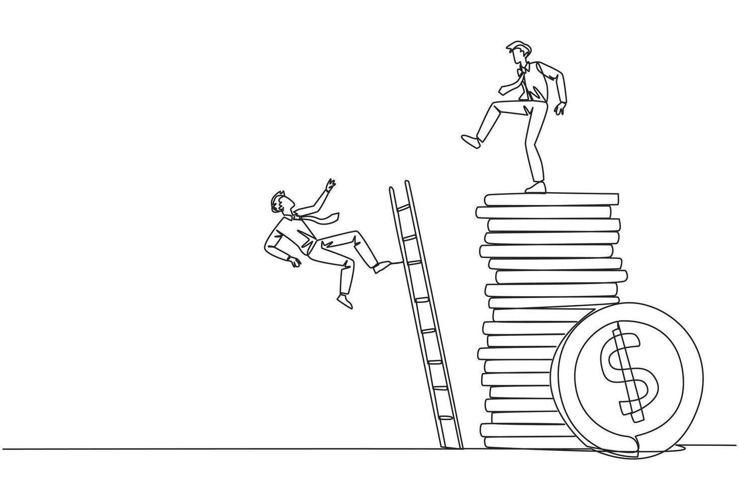 Single continuous line drawing businessman kicks opponent who climbing a pile of coins with a ladder. Greed for wealth. Forgetting comrades in arms. The traitor. One line design illustration vector