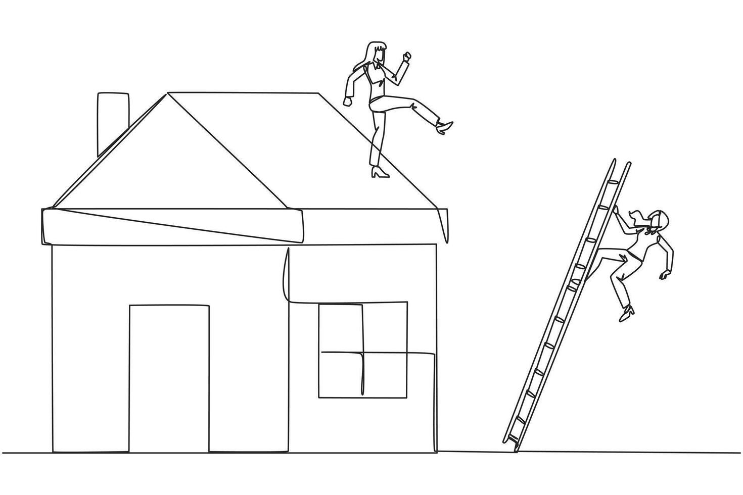 Single continuous line drawing businesswoman kicks opponent who climbs a miniature house with stairs. Metaphor of fraud committed by house developers. Bad business. One line design illustration vector